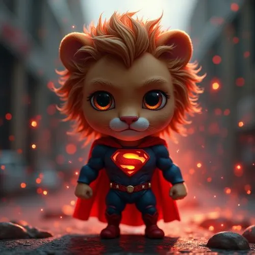 Chibi Superman, Superman in costume, perfectly detailed lion, red laser beam, energy effects, light particles, low-light urban background, 32k, rtx on, extremely intricate, bounce lighting, physically