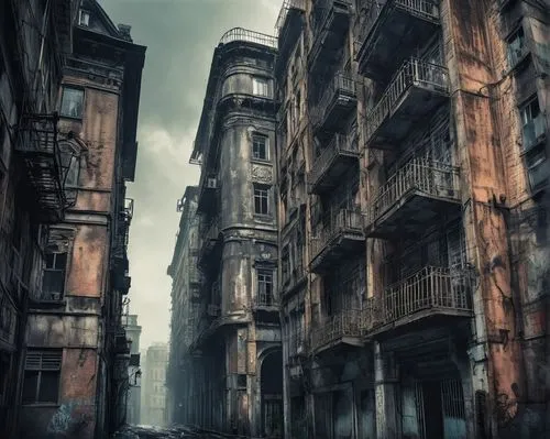 Dark, dystopian cityscape, oppressive skyscraper, concrete and steel structure, sharp edges, cold, metallic tones, narrow alleys, flickering fluorescent lights, heavy rain, misty atmosphere, eerie sil