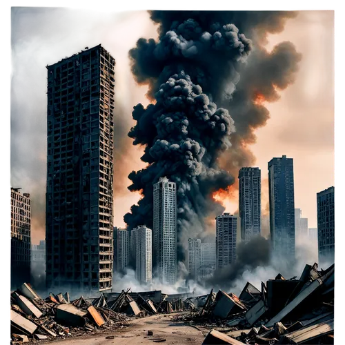 apocalyptic,razed,destroyed city,city in flames,environmental destruction,pyroclastic,cloverfield,grenfell,conflagrations,photomontage,the conflagration,apocalypso,deregulation,deindustrialization,doomsday,grozny,post-apocalyptic landscape,fire background,highrises,combustibility,Art,Classical Oil Painting,Classical Oil Painting 31