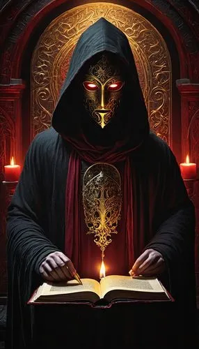 archimandrite,golden candlestick,gold chalice,hexagram,templar,doctor doom,occult,golden mask,prayer book,the abbot of olib,emperor,gold mask,magic grimoire,tetragramaton,v for vendetta,death god,high priest,priest,freemasonry,ankh,Illustration,Black and White,Black and White 19