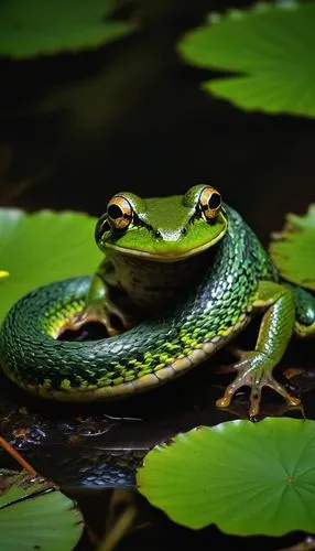 Frog-snake hybrid, reptile, green scaly skin, sharp teeth, big round eyes, long tongue, slender body, coiled posture, swamp, muddy water, lotus flowers, murky atmosphere, warm lighting, cinematic comp