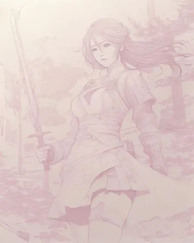 swordswoman,sakura background,rose quartz,sepia,fallen petals,fae,japanese sakura background,pastel paper,watercolor background,pink paper,meadow in pastel,wind warrior,unfinished,camellia,huntress,pi