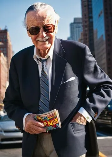 Stan Lee, mature male, white hair, glasses, beard, smile, Marvel Comics logo on shirt, black blazer, white dress shirt, tie, Spider-Man comic book in hand, standing, city street, New York City, skyscr