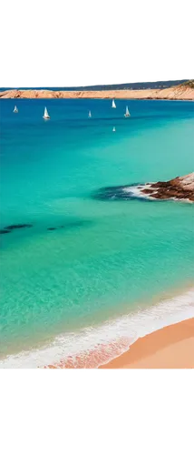 Panoramic view, calm ocean, clear turquoise water, waves gently lapping at shore, sandy beach, rocky coastline, sailboat in distance, seagulls flying overhead, warm sunlight, soft focus, 3/4 compositi