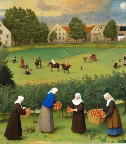 agricultural scene,harvest festival,gleaners,girl picking apples,mennonites,nuns