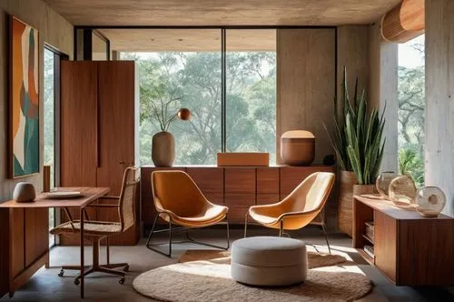 Brutalist Interior Design,a room filled with wooden furniture and large windows,mid century modern,mid century,seidler,mid century house,mahdavi,midcentury,Photography,General,Natural