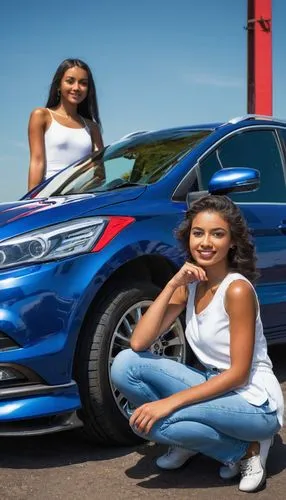 two young women posing in front of a blue car,ilx,phevs,auto financing,sportcombi,kitv,avensis,Conceptual Art,Fantasy,Fantasy 04