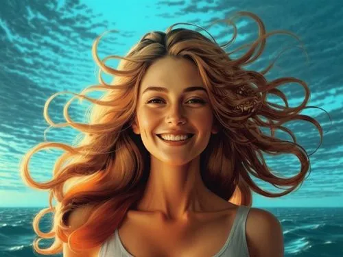 she came to me one morning big smile on her face all she was wearing was her amazing milk skin with long swirl hair in a misty sky ,a painting of a woman with long hair with a smile,wyland,underwater 