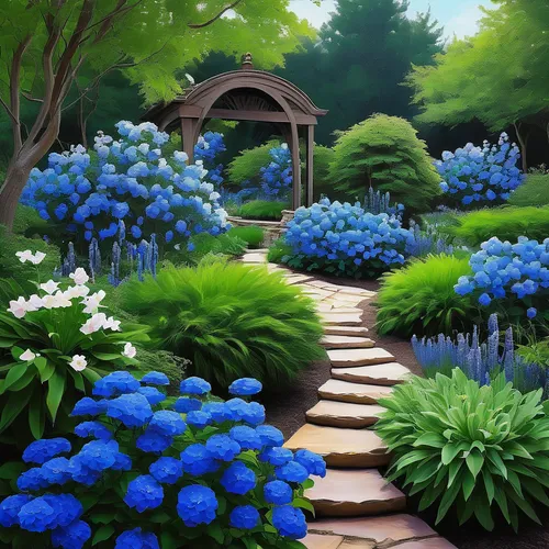 hydrangeas,flower garden,japan garden,sake gardens,blue petals,gentians,nature garden,blue flowers,gardens,flower painting,blue woodland phlox,spring garden,cottage garden,garden of plants,blue daisies,splendor of flowers,blue hydrangea,flower bed,home landscape,pathway,Conceptual Art,Daily,Daily 01