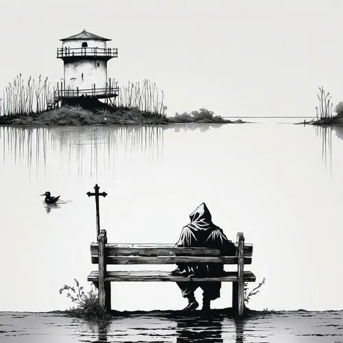 dock on beeds lake,steveston,quietude,solitude,waiting for fish,west lake,people fishing,ferryman,fisherman,boathouse,lifeguard tower,stillness,old jetty,sayama lake,man on a bench,dock,calmness,jetty,loneliness,daecheong lake,Conceptual Art,Graffiti Art,Graffiti Art 12