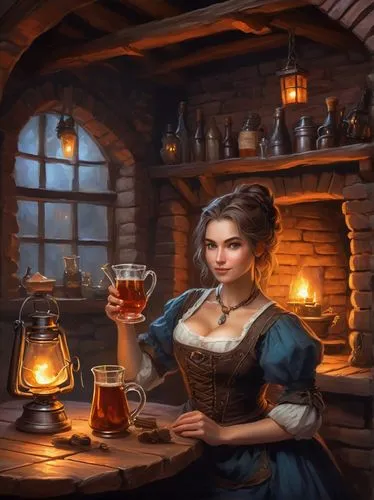 fantasy anthropomorphic a female waitress in dark medieval tavern holding a jug of ale in a cozy environment with oil lamps rustic wood warm brick fireplace and frosted glass windows, drunk face,barma