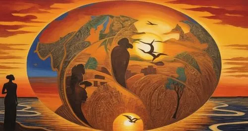 sunset in africa,el salvador dali,mother earth,surrealism,antibalas,oil painting on canvas,beltane,goldmoon,3-fold sun,sun and moon,imbolc,the earth,spring equinox,orpheus,alchemic,the globe,zodiac,mi