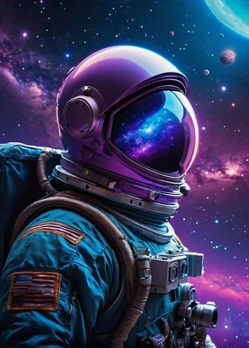 Starfinder, astronaut, helmet, oxygen tank, stars, galaxy, spaceship, nebula, cosmic dust, planetary orbit, vibrant blue and purple hues, soft glow, distant suns, stunning celestial body, majestic com