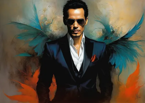 business angel,tony stark,the archangel,art painting,royce,oil painting on canvas,italian painter,black businessman,prince of wales feathers,mahendra singh dhoni,abdel rahman,portrait background,a black man on a suit,magician,black angel,gentleman icons,love angel,color feathers,fantasy art,black feather,Illustration,Realistic Fantasy,Realistic Fantasy 16