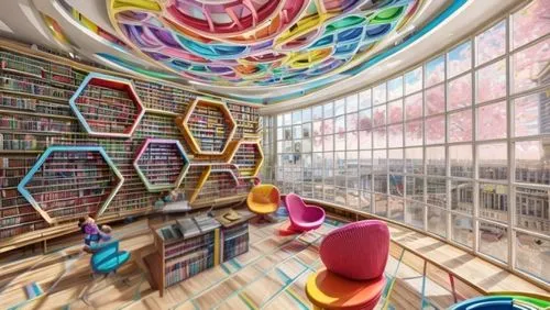 Book placement library,children's interior,book wall,reading room,bookshelves,school design,colourful pencils,ufo interior,children's room,bookstore,bookcase,colorful spiral,book store,colorful glass,