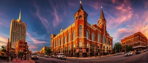 Nashville cityscape, architectural photography, evening time, warm golden light, historic Ryman Auditorium, ornate details, stone walls, grand staircase, Renaissance Revival style, majestic columns, A