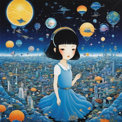 heliosphere,cosmos wind,mari makinami,shirakami-sanchi,starry sky,blue moon rose,moon phase,dream world,blue moon,sky rose,other world,cosmos field,astronomer,rem in arabian nights,starfield,skywatch,gaia,sphere,skyflower,falling star,Illustration,Japanese style,Japanese Style 20