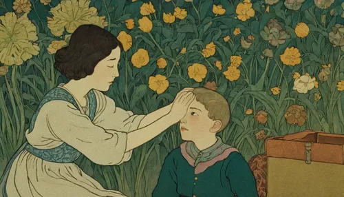 Explore the emotional journey of a young person as they get vaccinated for the first time at a center filled with anxious anticipation.,kate greenaway,girl picking flowers,vintage illustration,flower 