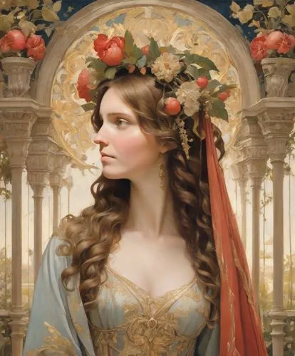 margairaz,girl in a wreath,persephone,margaery,rose wreath,golden wreath,Digital Art,Impressionism