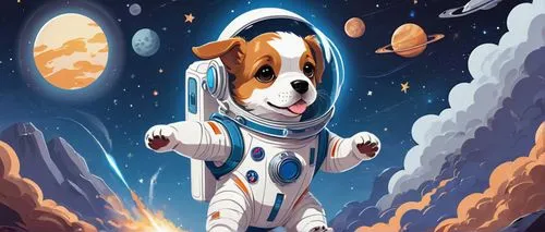 Dog, puppy, astronaut, space explorer, shiny silver space helmet, oxygen tank, white spacesuit, blue straps, cute furry face, big brown eyes, floppy ears, wagging tail, standing on hind legs, front pa