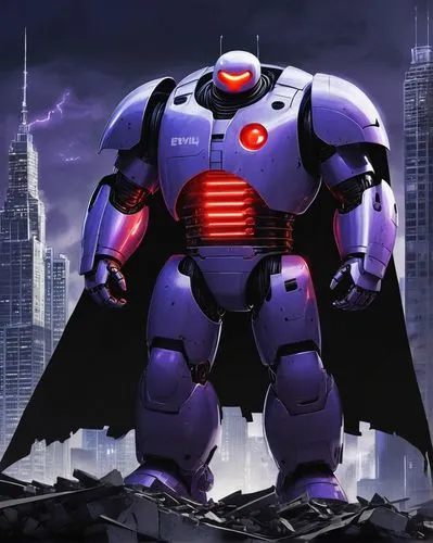 Evil Baymax, giant robot, menacing posture, glowing red eyes, sharp metallic teeth, black and purple armor, torn cape flowing in wind, cityscape destruction, skyscraper ruins, dark stormy night, drama