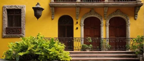 Mexico City, traditional architecture, colorful colonial-style house, vibrant yellow walls, red-tiled roof, ornate wooden doors, intricate stone carvings, lush greenery surrounding, flowers in bloom, 