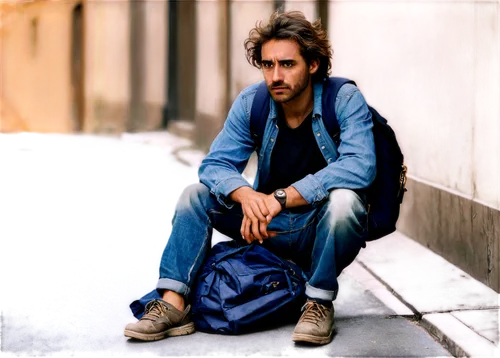 Homeless person, dirty clothes, worn-out shoes, carrying tattered backpack, messy hair, unshaven face, sitting on pavement, looking down, hopeless expression, warm lighting, shallow depth of field, ci