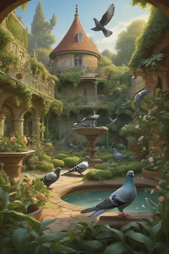 bird kingdom,bird bird kingdom,doves and pigeons,studio ghibli,pigeon house,pigeons and doves,secret garden of venus,aviary,garden birds,pigeon spring,bird park,fantasy picture,tropical birds,garden of eden,fantasy landscape,pigeons,clove garden,disneyland park,the birds,doves of peace,Illustration,Realistic Fantasy,Realistic Fantasy 44