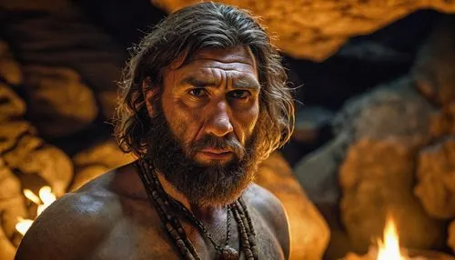 Neanderthal, selfie, rugged beard, furrowed brow, intense gaze, primitive clothing, animal hide, stone necklace, cave background, dim torch lighting, strong facial features, prominent forehead, heavy 