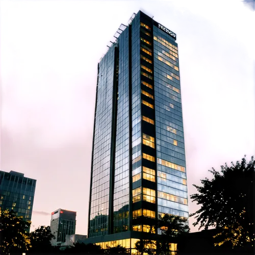 High-rise skyscraper, modern architecture, sleek glass façade, silver steel beams, rooftop garden, evening cityscape, bright LED lights, 3/4 composition, low-angle shot, dramatic lighting, cinematic a