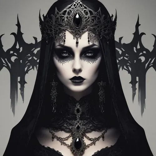 gothic woman,gothic portrait,malefic,hecate,gothic style,dark gothic mood,demoness,gothic,priestess,dark elf,enchantress,black queen,abaddon,darkling,hela,goth woman,the enchantress,hekate,maleficent,arachne,Illustration,Realistic Fantasy,Realistic Fantasy 46