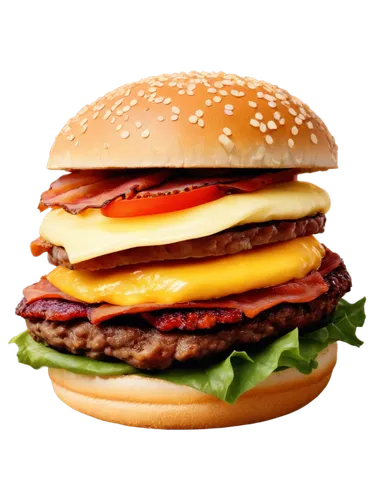 Juicy beef patty, melted cheese, crispy bacon, lettuce, tomato, onion, sesame seed bun, golden brown toasted, savory aroma, mouthwatering close-up, shallow depth of field, warm lighting, appetizing co