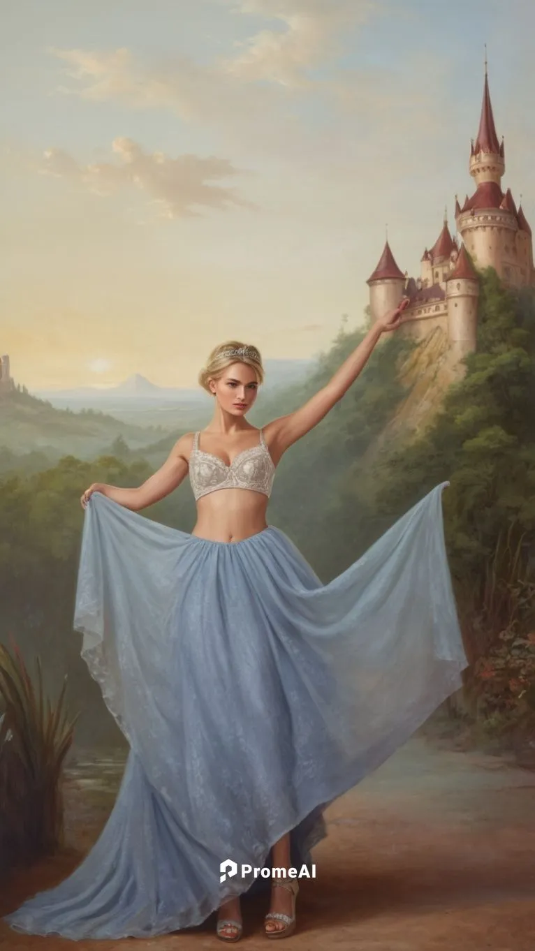 It is as if the castle were guarding this magical land, as if it had been abandoned for centuries. And in the foreground is the last German empress.,cinderella,hoopskirt,fantasy picture,fairy tale cha