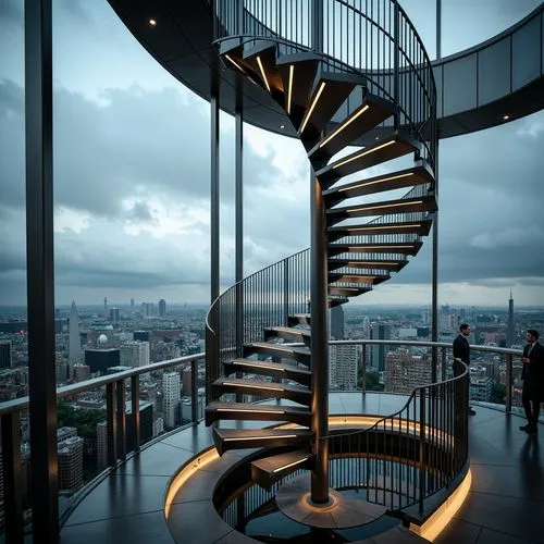 Twisted metal framework, spiral staircase, panoramic viewing platform, transparent glass floors, sleek minimalist railings, futuristic curves, neon accent lighting, urban cityscape backdrop, cloudy gr