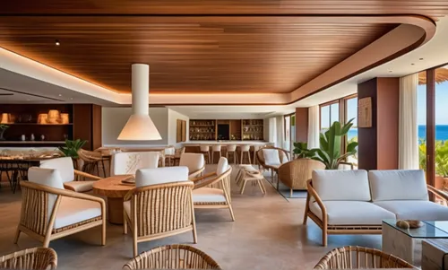 Restaurant, beach resort, cream plster walls, medium wood ceiling, soft warm ligthing, ceiling cove light, wall sconces,  natural stone tile floor, fresh and airy vibe, dinner time, moody,beach restau