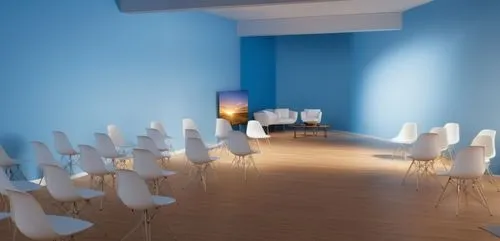 rows of white chairs arranged in front of blue walls,meeting room,zaal,conference room,blue room,lecture room,quadriennale,therapy room,board room,psychotherapies,sala,saal,zwirner,therapy center,coll