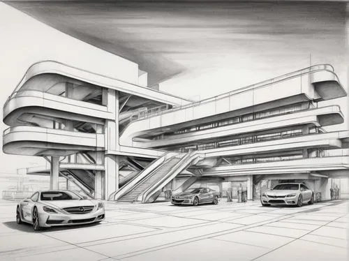 multi storey car park,parkade,underground garage,underground car park,arcology,garages,car park,car showroom,futuristic architecture,illustration of a car,superhighways,parking place,car drawing,carparks,garage,skyways,parking system,metromover,seidler,carpark,Illustration,Black and White,Black and White 30