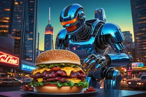 Futuristic ai robot, metallic body, glowing blue circuits, shimmering chrome finish, intricate mechanical details, angular futuristic design, holding a giant juicy burger, sesame seed bun, melted chee