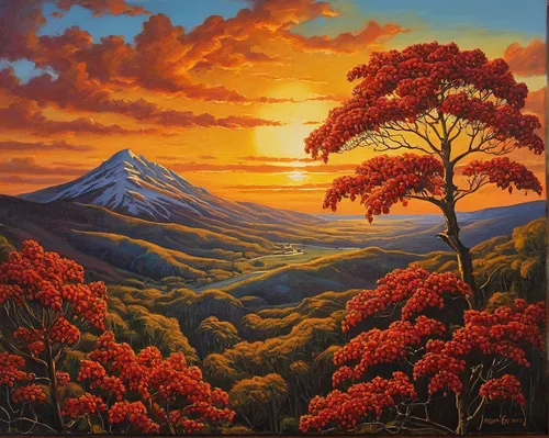 volcanic landscape,mountain scene,volcano,mountain landscape,autumn landscape,popocatepetl,mount taranaki,fall landscape,mountain sunrise,kamchatka,tangerine tree,khokhloma painting,fire mountain,mountainous landscape,landscape red,autumn mountains,pachamama,landscape background,volcanos,volcanism,Illustration,Retro,Retro 06