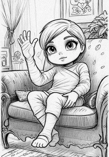 enriqueta,kids illustration,comic halftone woman,girl sitting,littlebigplanet,little girl reading,Design Sketch,Design Sketch,Detailed Outline