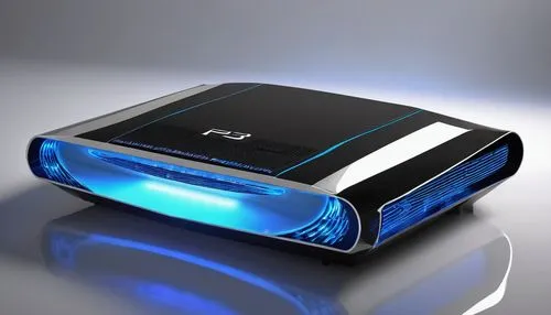 PS3 console, futuristic design, sleek curves, glowing blue LED lights, metallic surface, ventilation grills, compact shape, flat top, circular base, power button, disc drive, USB ports, HDMI port, Eth