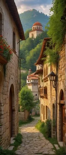 Ancient Bulgarian architecture, ornate decorations, intricate stone carvings, grandiose domes, vibrant frescoes, majestic bell towers, sprawling monastery complex, lush greenery, tranquil courtyard, s