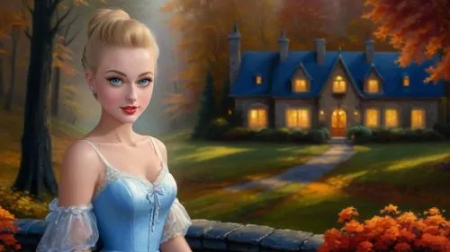 Romantic masterpiece oil painting, cute girl portrait, nostalgic 1950's style kitsch, breathtaking beautiful landscape, majestic natural Autumn scenery, Victorian manor mansion, warm evening lighting,