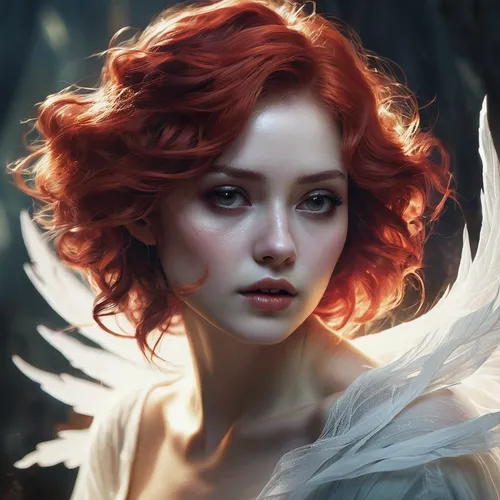 fantasy portrait,faery,transistor,fae,mystical portrait of a girl,fantasy art,faerie,baroque angel,winged heart,romantic portrait,angel,red-haired,fairy queen,fire angel,firebird,white swan,harpy,vintage angel,fantasy woman,angel wings,Illustration,Realistic Fantasy,Realistic Fantasy 15