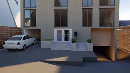 Enhance this apartment entrance render ,3d rendering,passivhaus,sketchup,revit,immobilier,appartement,apartment house,an apartment,cubic house,projet,maisonettes,render,appartment building,architectes