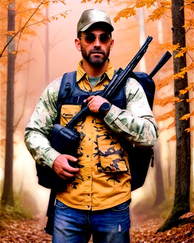 Man, muscular, camouflage clothing, holding rifle, hunting hat, beard, sunglasses, backpack, forest setting, autumn season, misty atmosphere, soft golden lighting, 3/4 composition, shallow depth of fi