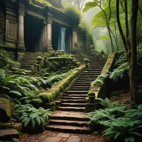 yavin,the mystical path,ancient city,verdant,philodendrons,labyrinthian,asian architecture,emei,shaoming,ancient,tropical forest,ancients,aaa,the ancient world,angkor,vietnam,ancient buildings,wudang,terraced,winding steps,Art,Artistic Painting,Artistic Painting 22