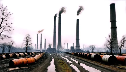 Pollution scene, industrial area, factory chimneys, smoke emissions, toxic waste barrels, oil spills, broken pipes, littered ground, dead trees, gray sky, haze atmosphere, low-key lighting, wide-angle