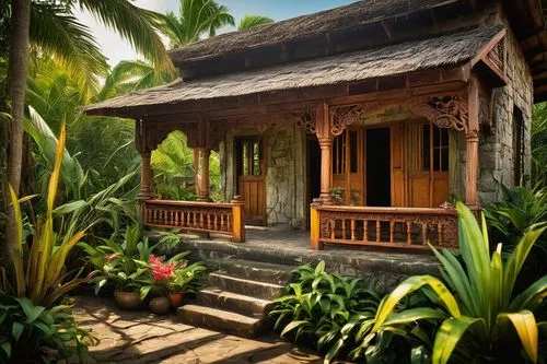 Jamaican architecture, colorful wooden house, ornate veranda, intricate carvings, tropical plants surrounding, palm trees swaying, vibrant flowers blooming, bright sunlight, warm ambient lighting, rus