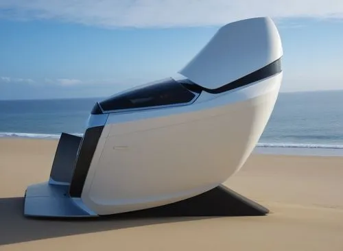 a sculpture on the beach with ocean in the background,beach furniture,teardrop camper,beach chair,futuristic car,super trimaran,camper on the beach,Photography,General,Realistic